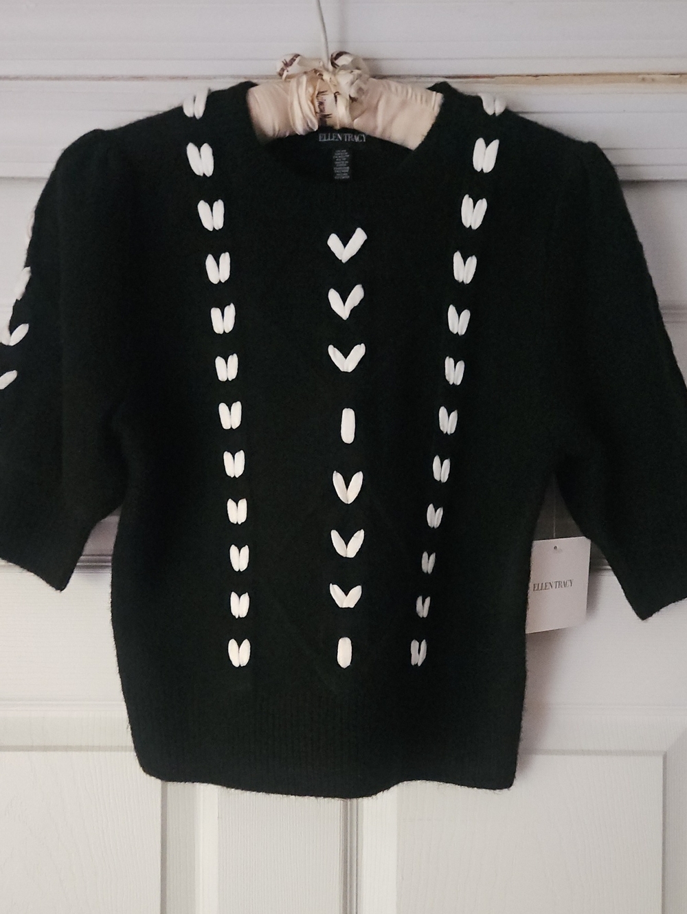Ellen Tracy Black Crewneck Sweater with White Stitch Detailing
